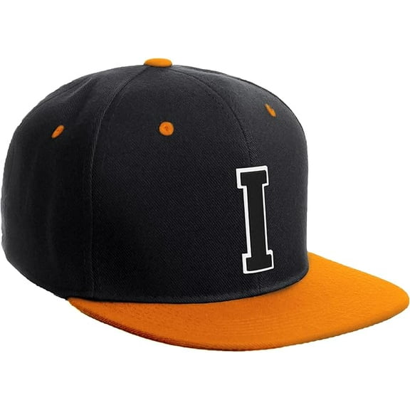 Daxton Classic Snapback Hat Custom A to Z Initial Varsity Letters, Black Orange Hat White Black Letter I