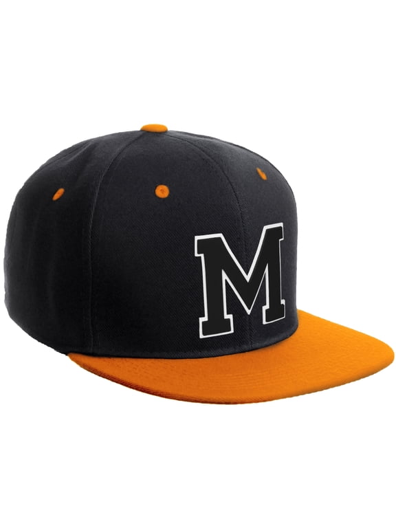 Classic Snapback Hat Custom A to Z Initial Varsity Letters, Black Orange Hat White Black Letter M