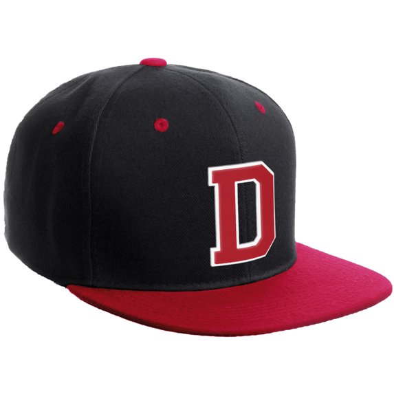 Daxton Classic Snapback Hat Custom A to Z Initial Varsity Letters, Black Red Hat White Red Letter D
