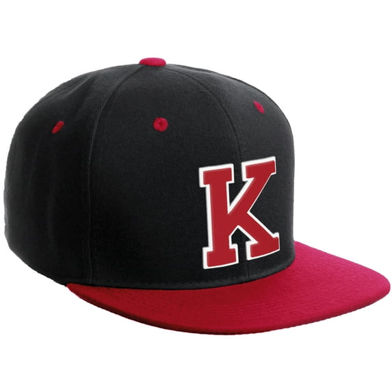 Daxton Classic Snapback Hat Custom A to Z Initial Varsity Letters, Black Red Hat White Red Letter K