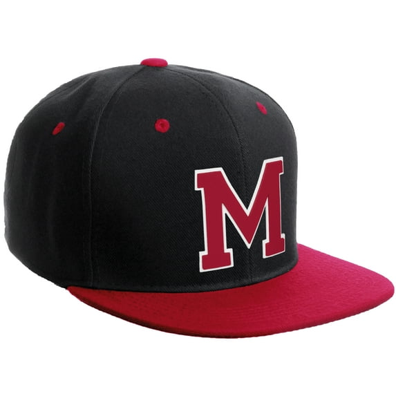 Daxton Classic Snapback Hat Custom A to Z Initial Varsity Letters, Black Red Hat White Red Letter M