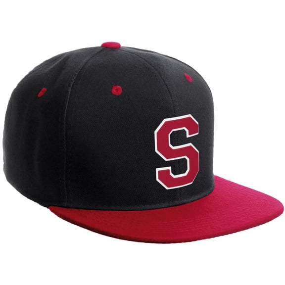 Daxton Classic Snapback Hat Custom A to Z Initial Varsity Letters, Black Red Hat White Red Letter S
