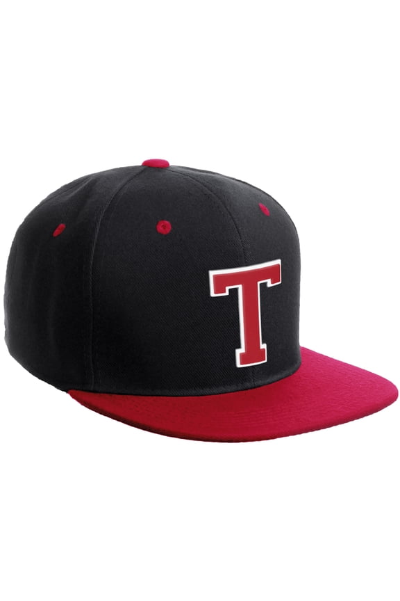 Classic Snapback Hat Custom A to Z Initial Varsity Letters, Black Red Hat White Red Letter T