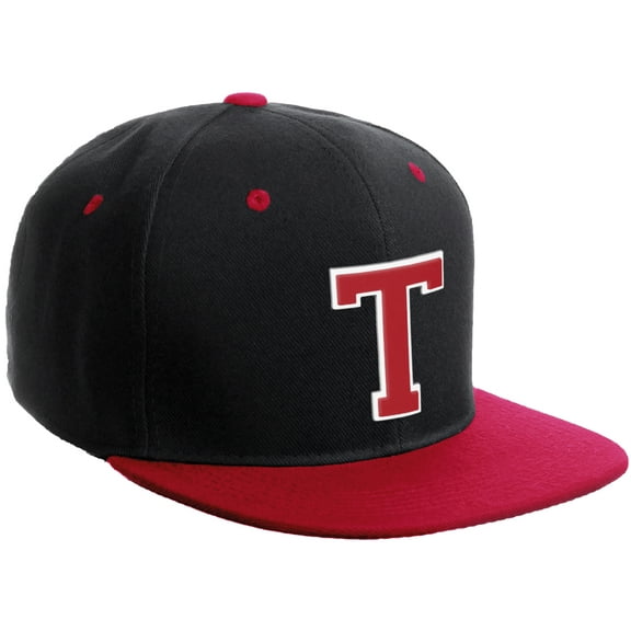 Daxton Classic Snapback Hat Custom A to Z Initial Varsity Letters, Black Red Hat White Red Letter T