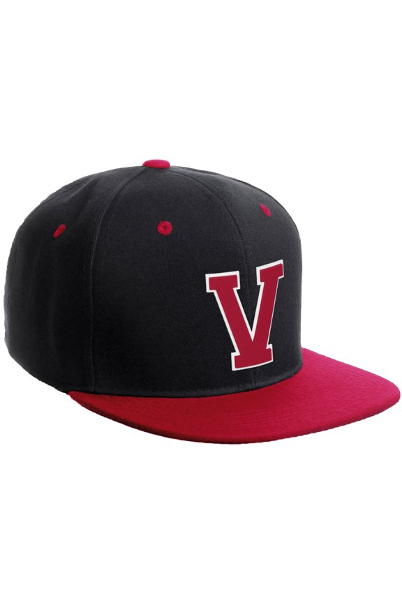 Classic Snapback Hat Custom A to Z Initial Varsity Letters, Black Red Hat White Red Letter V