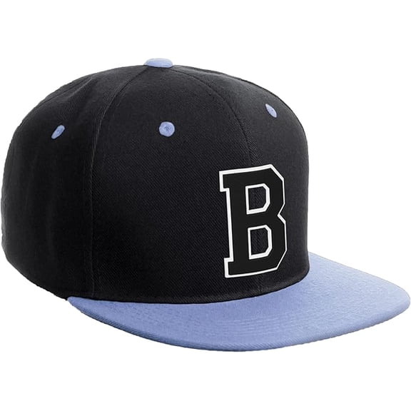 Daxton Classic Snapback Hat Custom A to Z Initial Varsity Letters, Black Sky Hat White Black Letter B