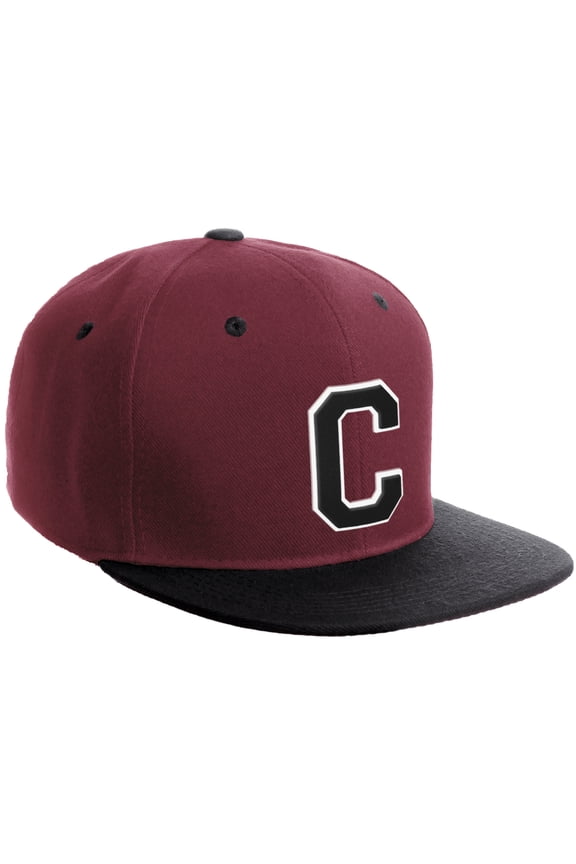 Classic Snapback Hat Custom A to Z Initial Varsity Letters, Burgundy Black Hat White Black Letter C