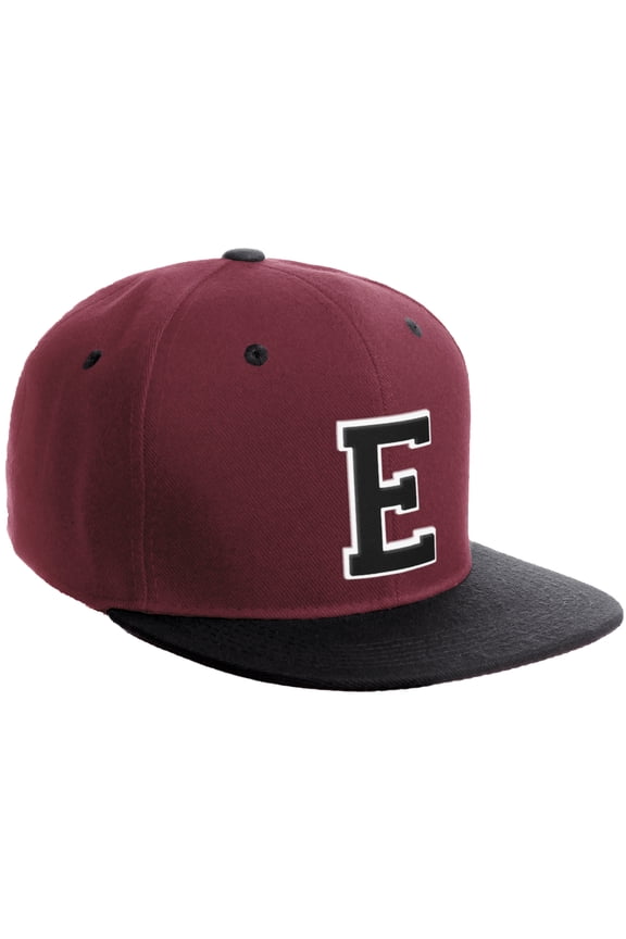 Classic Snapback Hat Custom A to Z Initial Varsity Letters, Burgundy Black Hat White Black Letter E