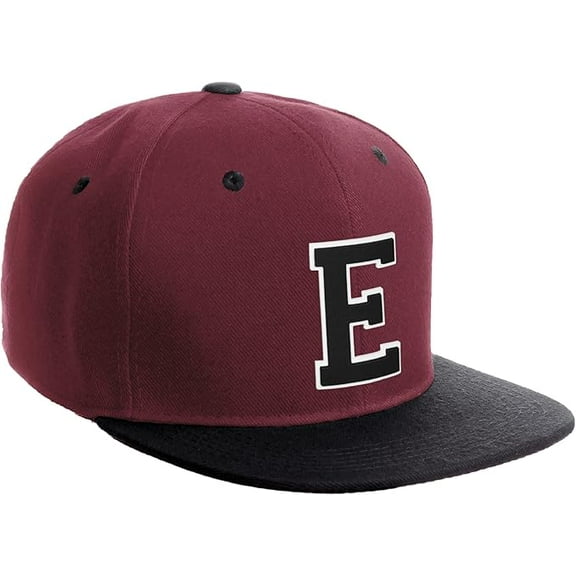 Daxton Classic Snapback Hat Custom A to Z Initial Varsity Letters, Burgundy Black Hat White Black Letter E