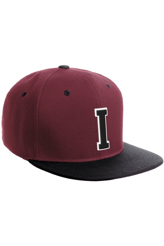 Classic Snapback Hat Custom A to Z Initial Varsity Letters, Burgundy Black Hat White Black Letter I