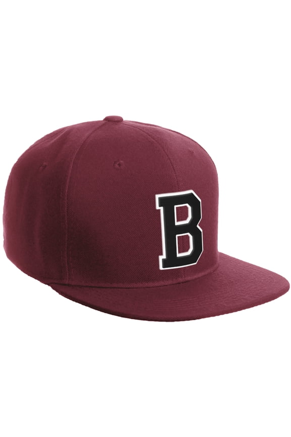 Classic Snapback Hat Custom A to Z Initial Varsity Letters, Burgundy Burgundy Hat White Black Letter B