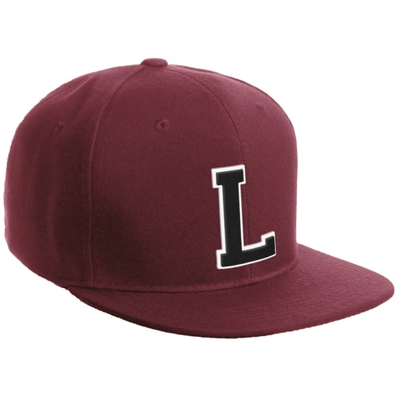 Daxton Classic Snapback Hat Custom A to Z Initial Varsity Letters, Burgundy Burgundy Hat White Black Letter L