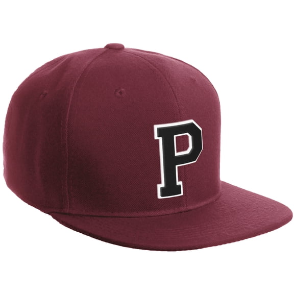 Daxton Classic Snapback Hat Custom A to Z Initial Varsity Letters, Burgundy Burgundy Hat White Black Letter P