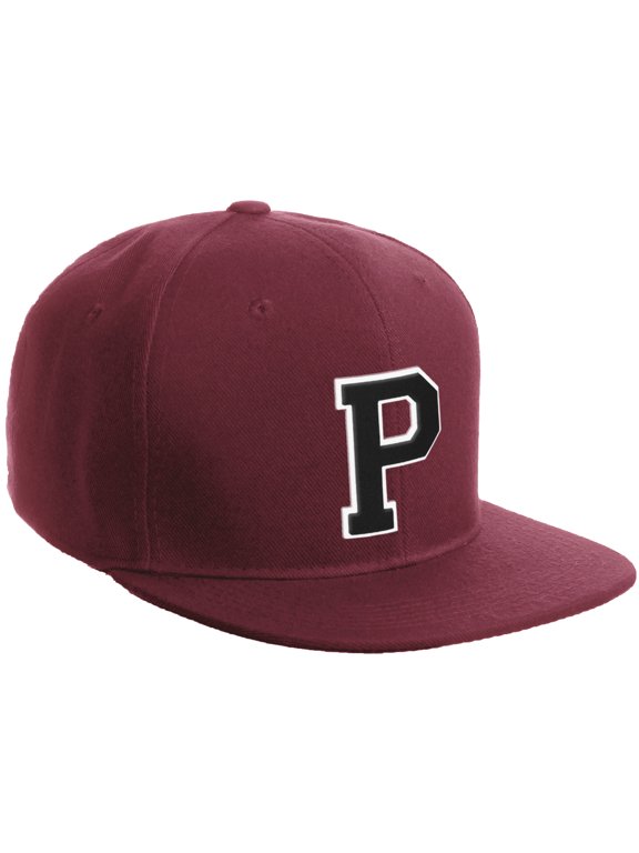 Classic Snapback Hat Custom A to Z Initial Varsity Letters, Burgundy Burgundy Hat White Black Letter P