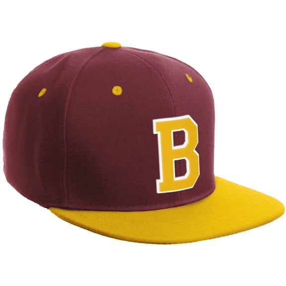 Daxton Classic Snapback Hat Custom A to Z Initial Varsity Letters, Burgundy Gold Hat White Gold Letter B