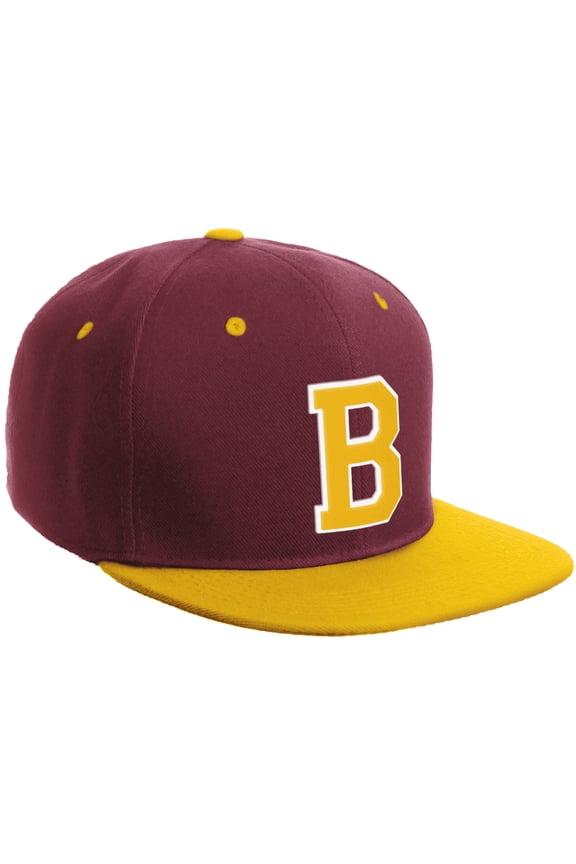 Classic Snapback Hat Custom A to Z Initial Varsity Letters, Burgundy Gold Hat White Gold Letter B