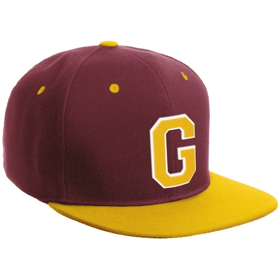 Daxton Classic Snapback Hat Custom A to Z Initial Varsity Letters, Burgundy Gold Hat White Gold Letter G