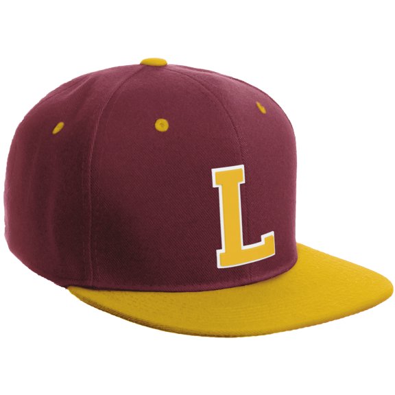 Daxton Classic Snapback Hat Custom A to Z Initial Varsity Letters, Burgundy Gold Hat White Gold Letter L