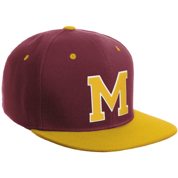 Daxton Classic Snapback Hat Custom A to Z Initial Varsity Letters, Burgundy Gold Hat White Gold Letter M