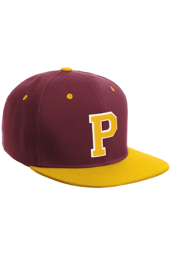 Classic Snapback Hat Custom A to Z Initial Varsity Letters, Burgundy Gold Hat White Gold Letter P
