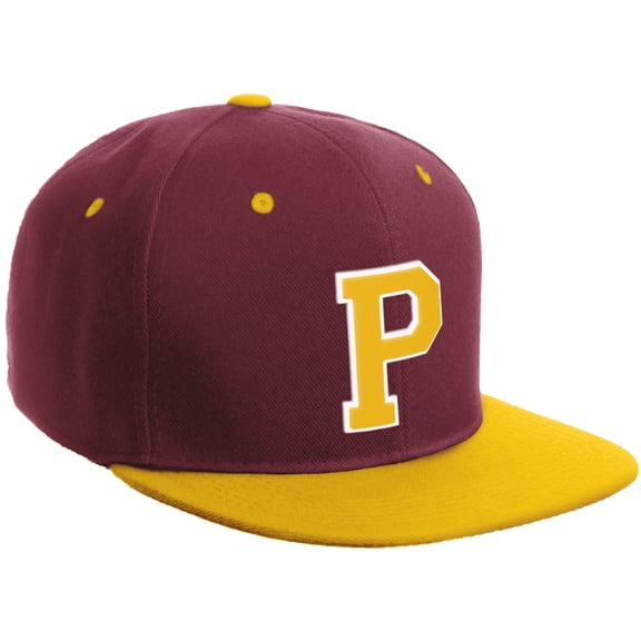 Daxton Classic Snapback Hat Custom A to Z Initial Varsity Letters, Burgundy Gold Hat White Gold Letter P