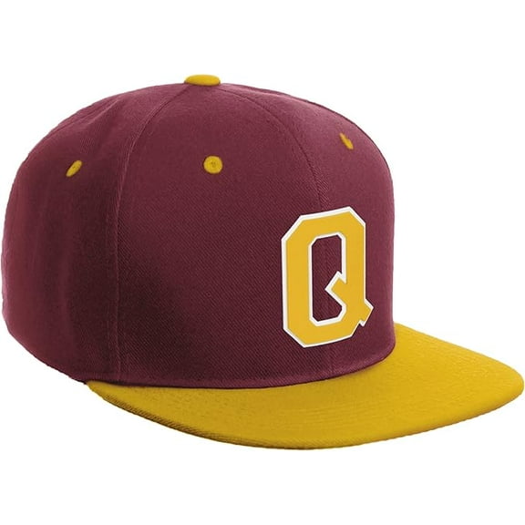 Daxton Classic Snapback Hat Custom A to Z Initial Varsity Letters, Burgundy Gold Hat White Gold Letter Q