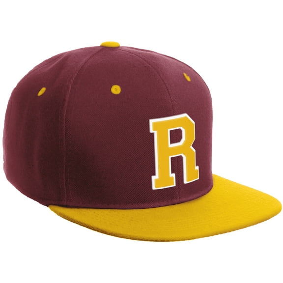 Daxton Classic Snapback Hat Custom A to Z Initial Varsity Letters, Burgundy Gold Hat White Gold Letter R