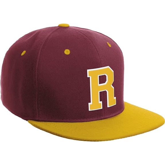 Daxton Classic Snapback Hat Custom A to Z Initial Varsity Letters, Burgundy Gold Hat White Gold Letter R
