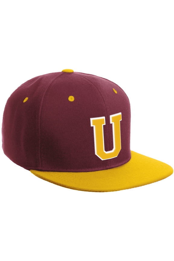 Classic Snapback Hat Custom A to Z Initial Varsity Letters, Burgundy Gold Hat White Gold Letter U