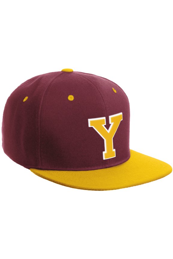 Classic Snapback Hat Custom A to Z Initial Varsity Letters, Burgundy Gold Hat White Gold Letter Y