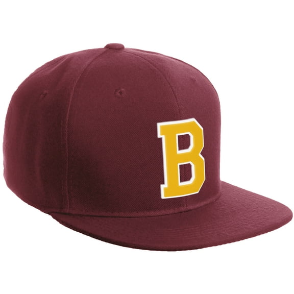 Daxton Classic Snapback Hat Custom A to Z Initial Varsity Letters, Burgundy Hat White Gold Letter B