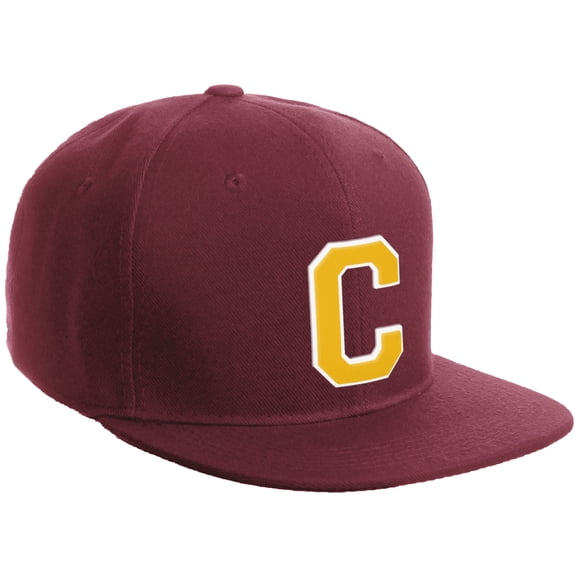 Daxton Classic Snapback Hat Custom A to Z Initial Varsity Letters, Burgundy Hat White Gold Letter C