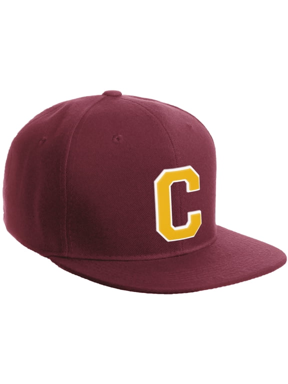 Classic Snapback Hat Custom A to Z Initial Varsity Letters, Burgundy Hat White Gold Letter C