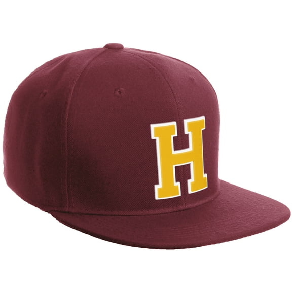 Daxton Classic Snapback Hat Custom A to Z Initial Varsity Letters, Burgundy Hat White Gold Letter H