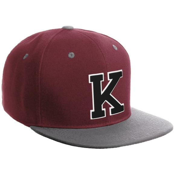 Daxton Classic Snapback Hat Custom A to Z Initial Varsity Letters, Burgundy Lgrey Hat White Black Letter K