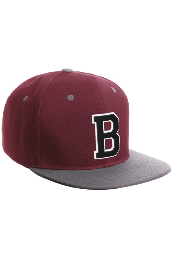 Classic Snapback Hat Custom A to Z Initial Varsity Letters, Burgundy Light Grey Hat White Black Letter B