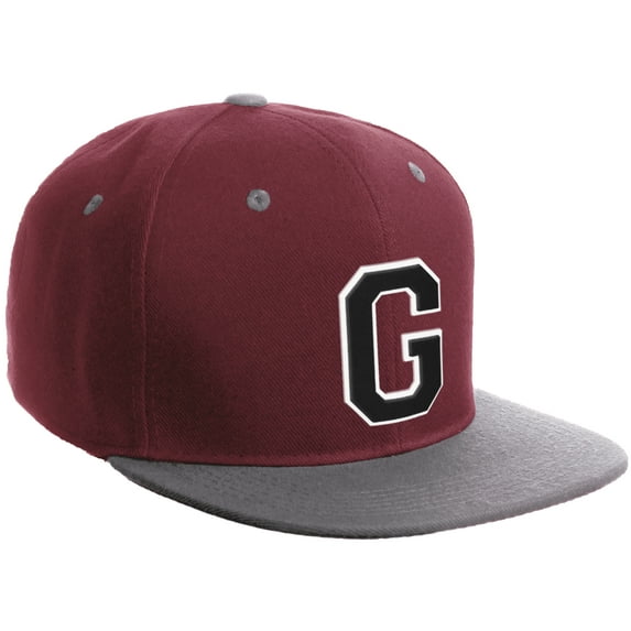 Daxton Classic Snapback Hat Custom A to Z Initial Varsity Letters, Burgundy Light Grey Hat White Black Letter G