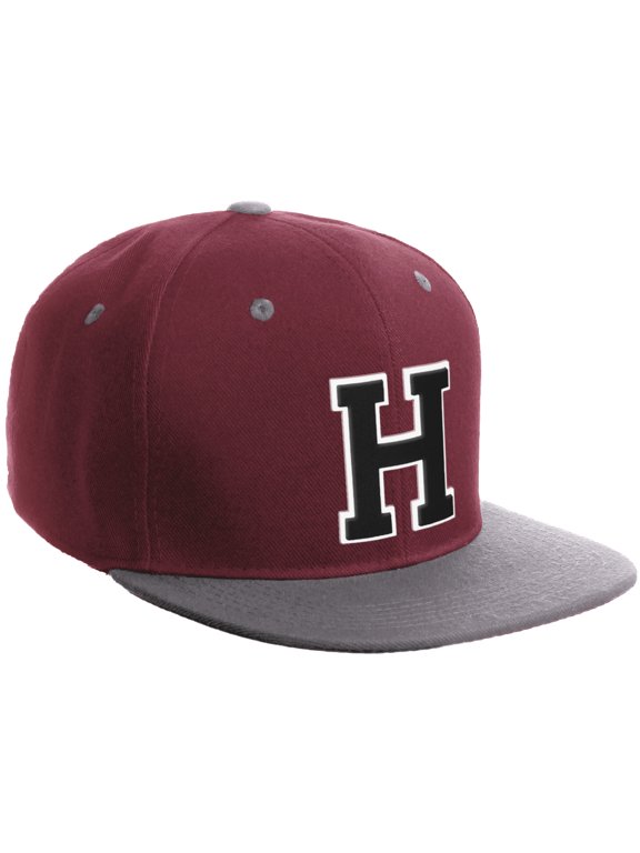 Classic Snapback Hat Custom A to Z Initial Varsity Letters, Burgundy Light Grey Hat White Black Letter H