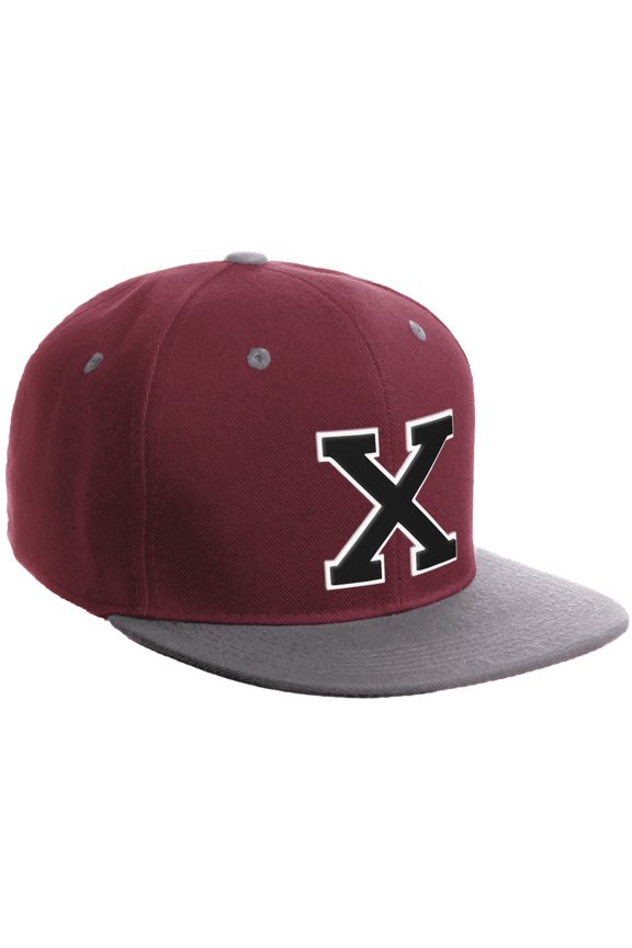 Classic Snapback Hat Custom A to Z Initial Varsity Letters, Burgundy Light Grey Hat White Black Letter X