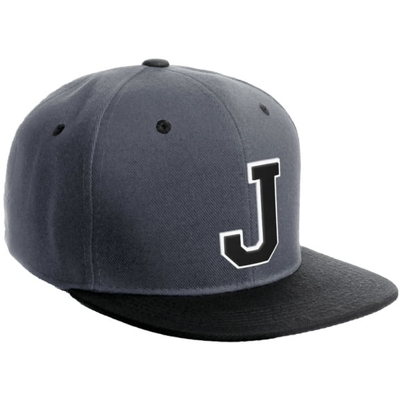 Daxton Classic Snapback Hat Custom A to Z Initial Varsity Letters, Charcoal Black Hat White Black Letter J