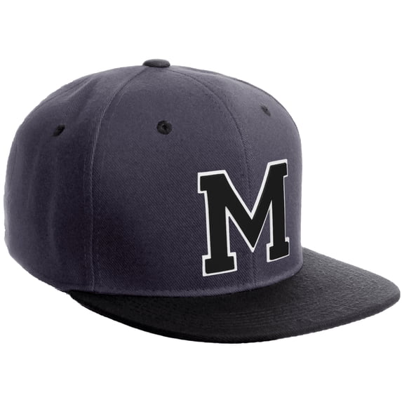 Daxton Classic Snapback Hat Custom A to Z Initial Varsity Letters, Charcoal Black Hat White Black Letter M