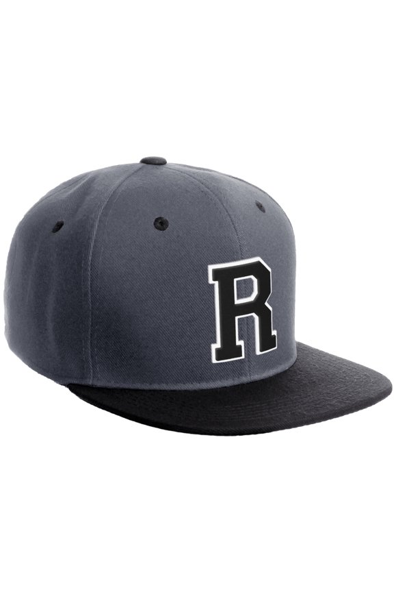 Classic Snapback Hat Custom A to Z Initial Varsity Letters, Charcoal Black Hat White Black Letter R
