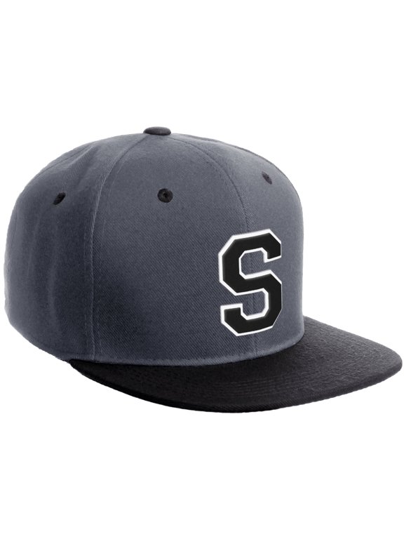 Classic Snapback Hat Custom A to Z Initial Varsity Letters, Charcoal Black Hat White Black Letter S