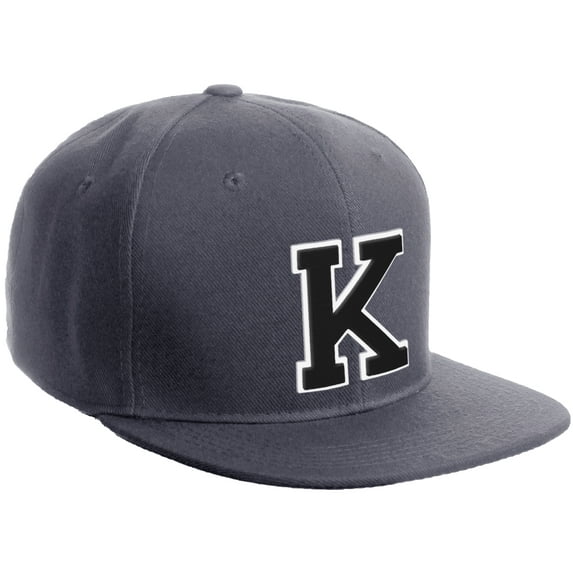 Daxton Classic Snapback Hat Custom A to Z Initial Varsity Letters, Charcoal Charcoal Hat White Black Letter K