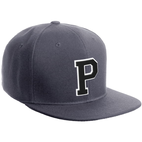 Daxton Classic Snapback Hat Custom A to Z Initial Varsity Letters, Charcoal Charcoal Hat White Black Letter P