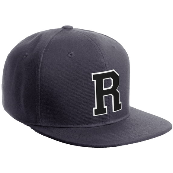 Daxton Classic Snapback Hat Custom A to Z Initial Varsity Letters, Charcoal Hat White Black Letter R