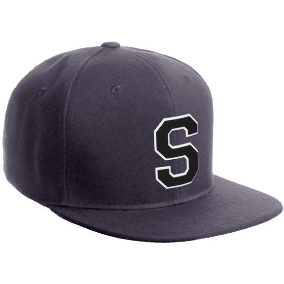 Daxton Classic Snapback Hat Custom A to Z Initial Varsity Letters, Charcoal Hat White Black Letter S