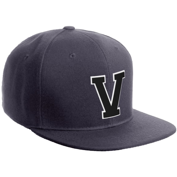 Daxton Classic Snapback Hat Custom A to Z Initial Varsity Letters, Charcoal Hat White Black Letter V