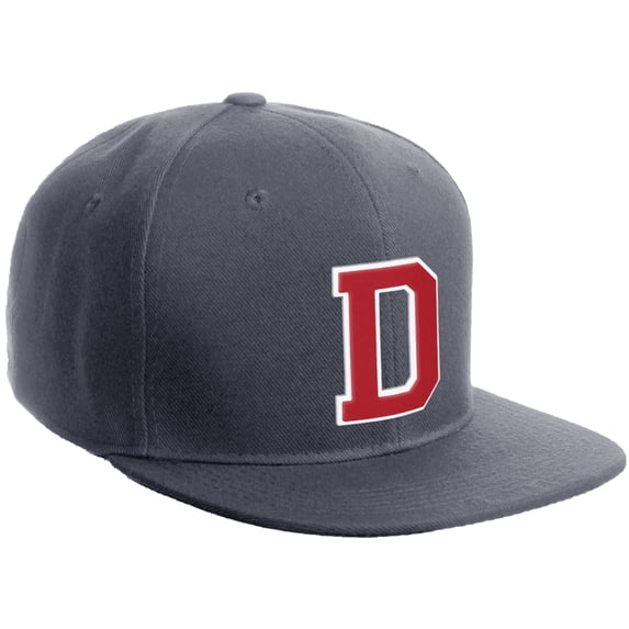 Daxton Classic Snapback Hat Custom A to Z Initial Varsity Letters, Charcoal Hat White Red Letter D