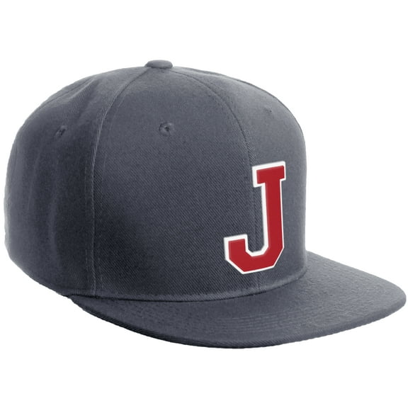 Daxton Classic Snapback Hat Custom A to Z Initial Varsity Letters, Charcoal Hat White Red Letter J